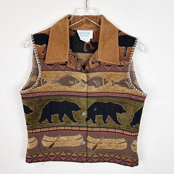 Southwestern Alaskan Vest Bears Fish Cottage Core Western Fall Small Tapestry - Picture 1 of 5